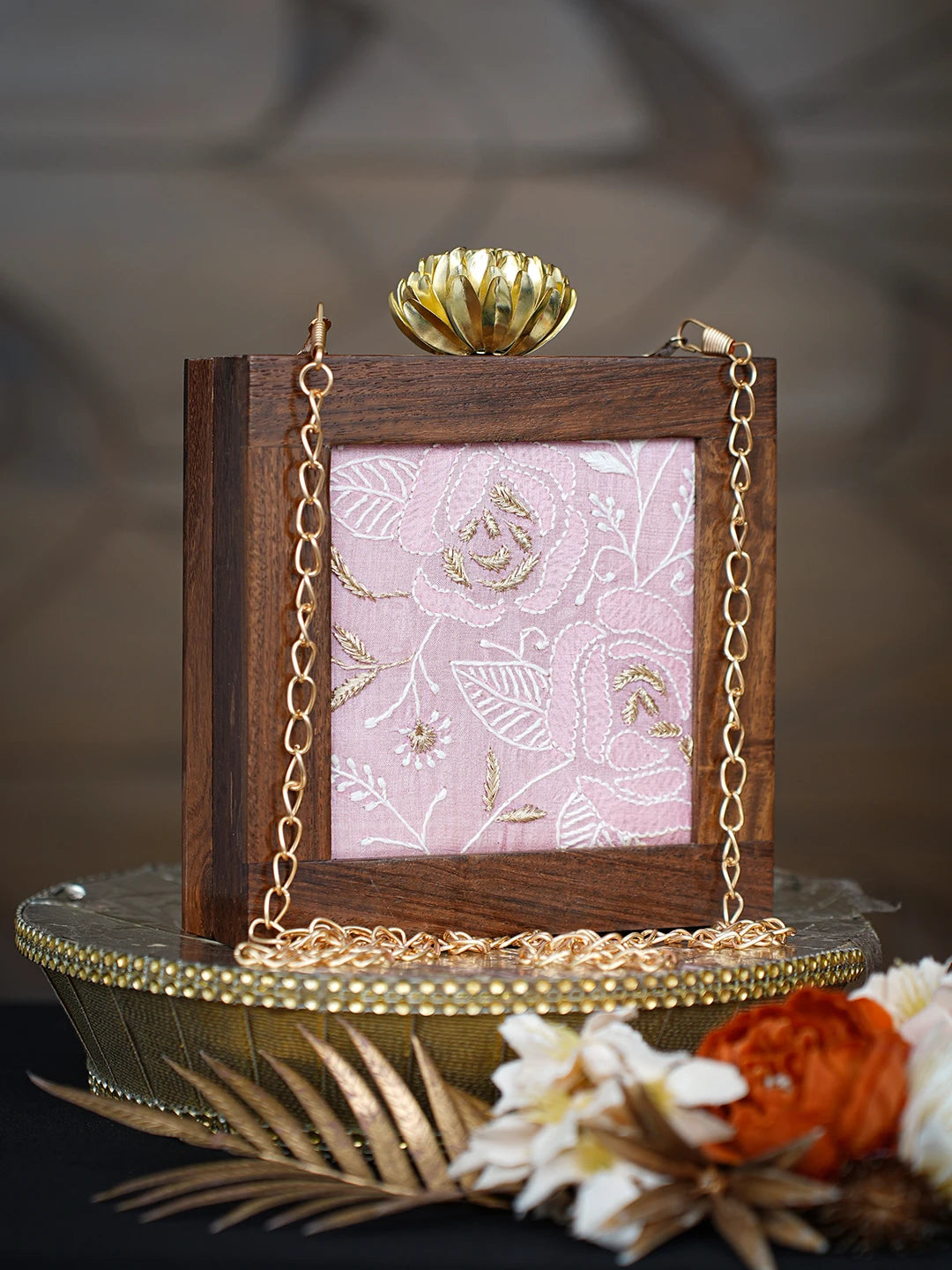 Ada Hand Embroidered Pink Silk Lucknowi Chikankari Clutch With Golden Zari Work 01A779485