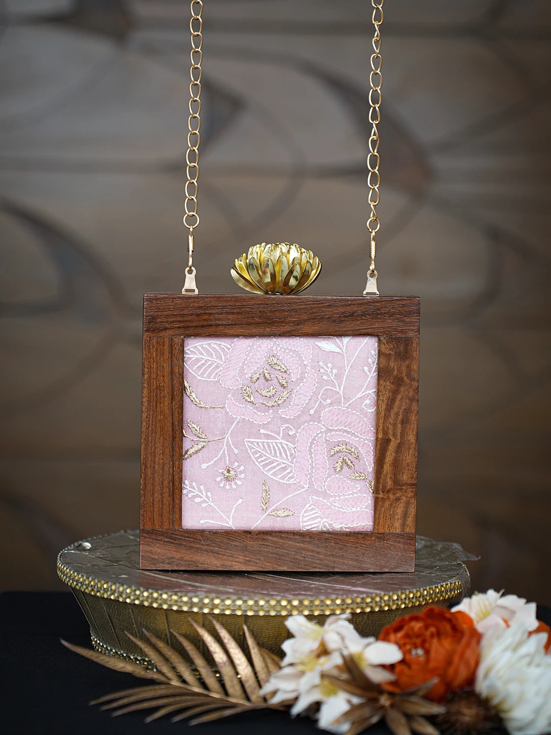 Ada Hand Embroidered Pink Silk Lucknowi Chikankari Clutch With Golden Zari Work 01A779485