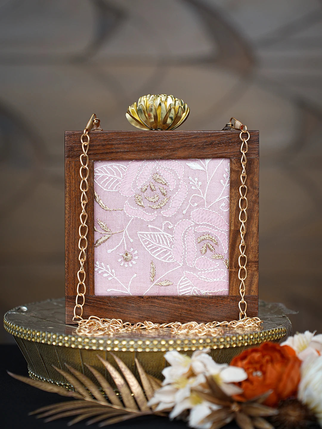 Ada Hand Embroidered Pink Silk Lucknowi Chikankari Clutch With Golden Zari Work 01A779485