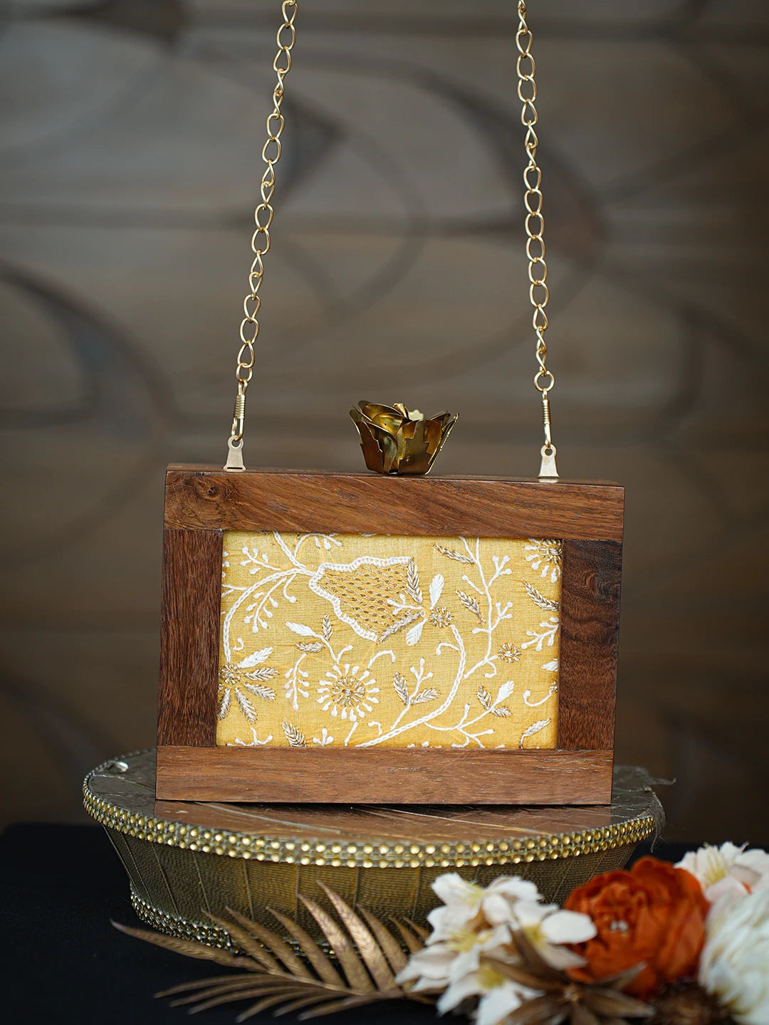 Ada Hand Embroidered Yellow Silk Lucknowi Chikankari Clutch With Golden Zari Work 01A779475