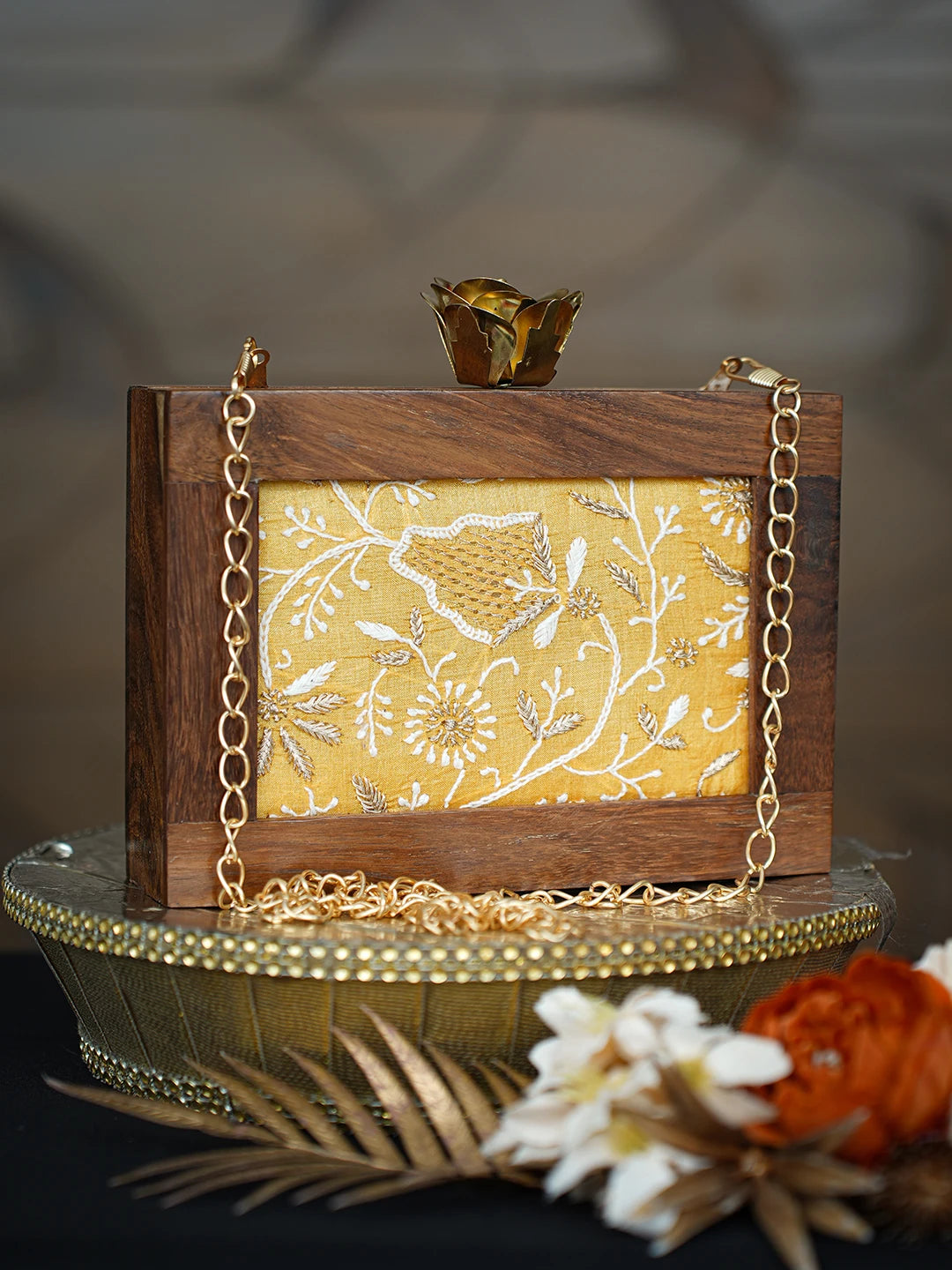 Ada Hand Embroidered Yellow Silk Lucknowi Chikankari Clutch With Golden Zari Work 01A779475