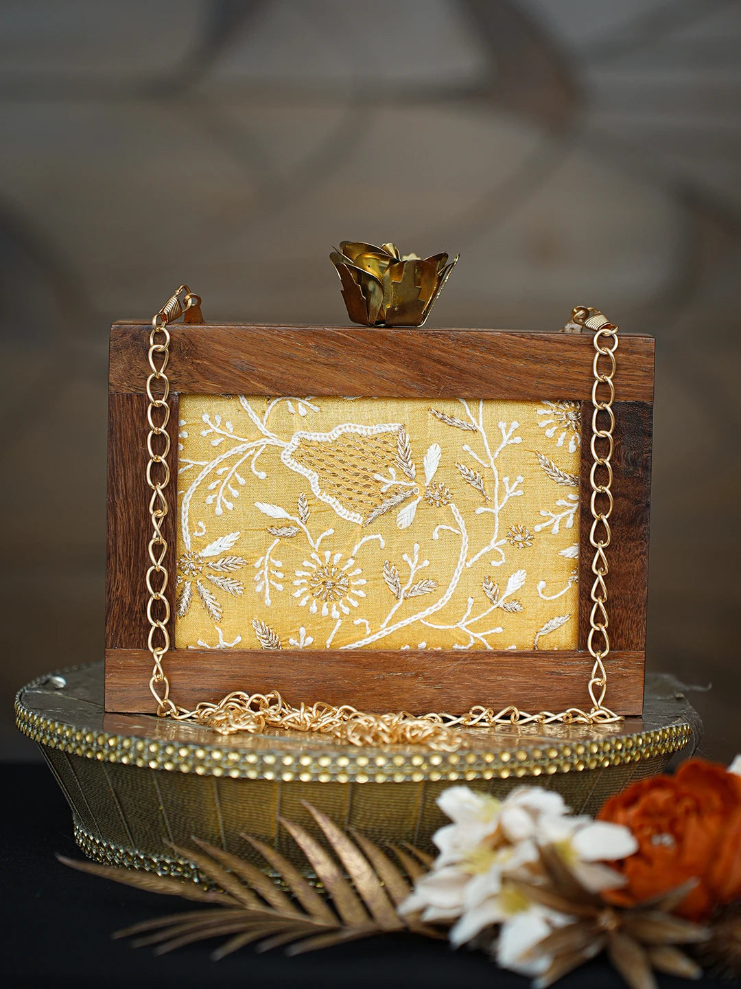 Ada Hand Embroidered Yellow Silk Lucknowi Chikankari Clutch With Golden Zari Work 01A779475