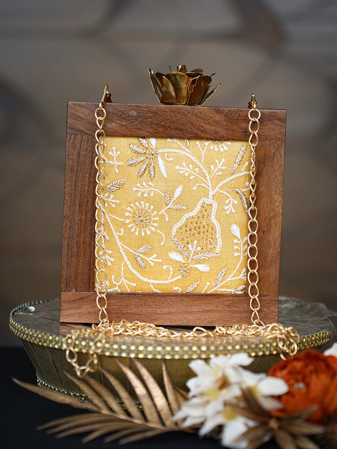 Ada Hand Embroidered Yellow Silk Lucknowi Chikankari Clutch With Golden Zari Work 01A779474