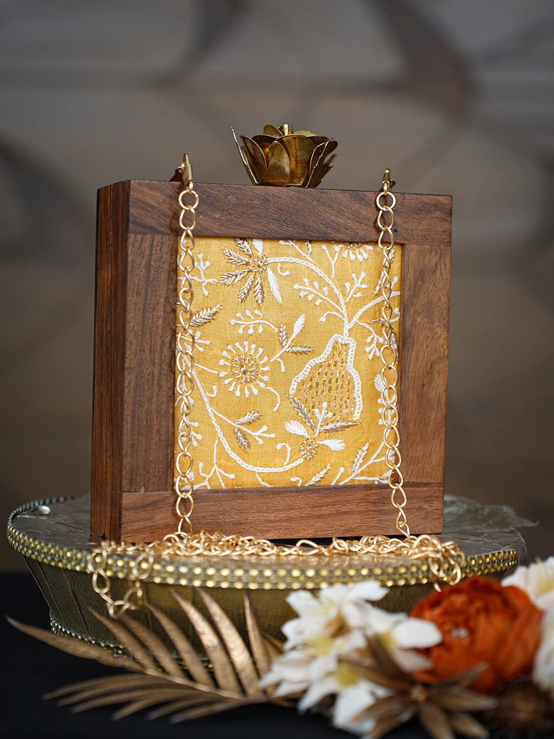 Ada Hand Embroidered Yellow Silk Lucknowi Chikankari Clutch With Golden Zari Work 01A779474