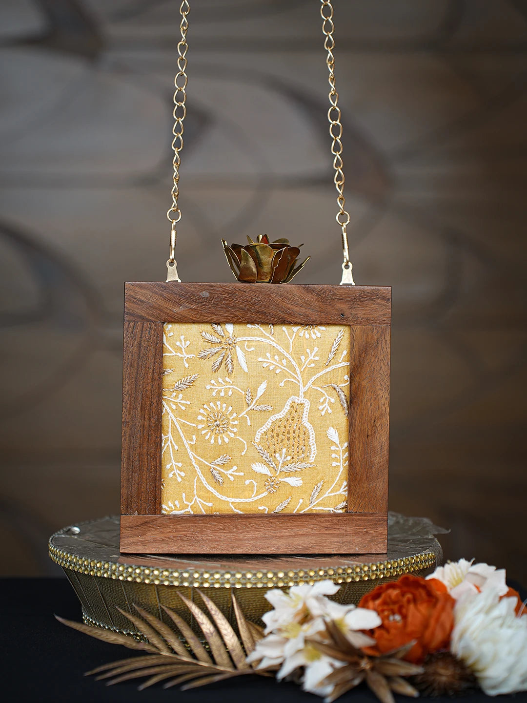 Ada Hand Embroidered Yellow Silk Lucknowi Chikankari Clutch With Golden Zari Work 01A779474