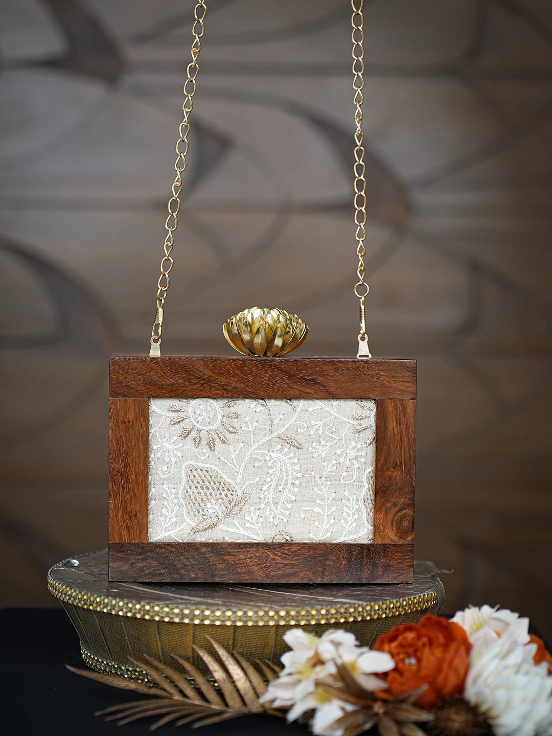 Ada Hand Embroidered Fawn Silk Lucknowi Chikankari Clutch With Golden Zari Work 01A779487