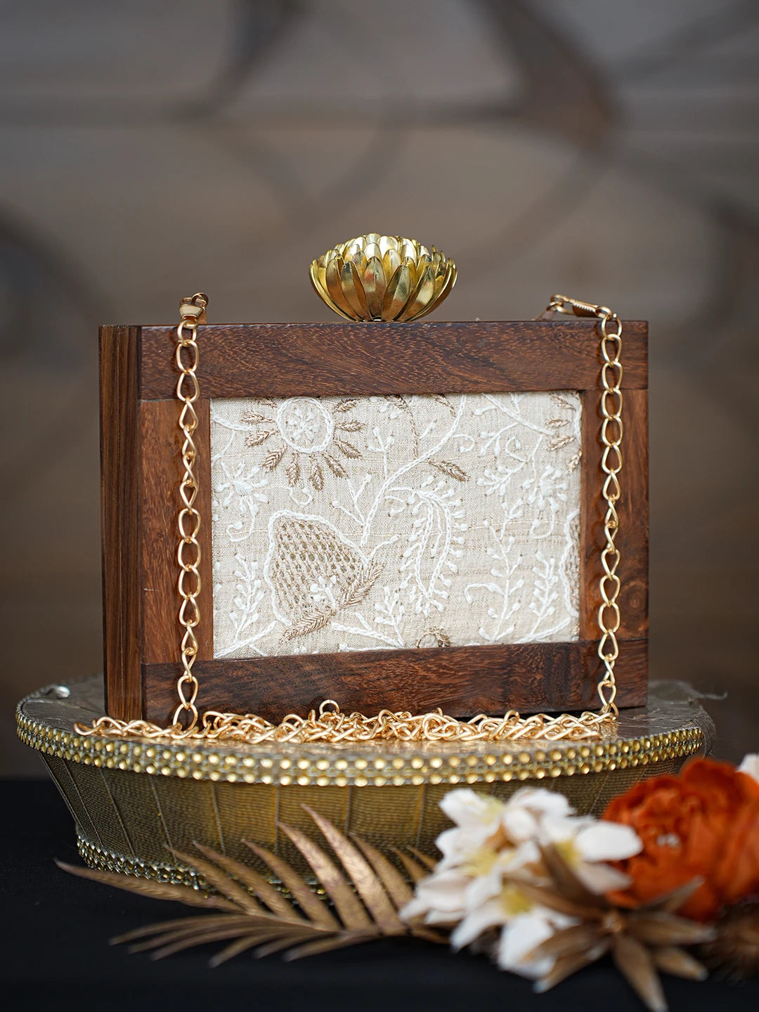 Ada Hand Embroidered Fawn Silk Lucknowi Chikankari Clutch With Golden Zari Work 01A779487
