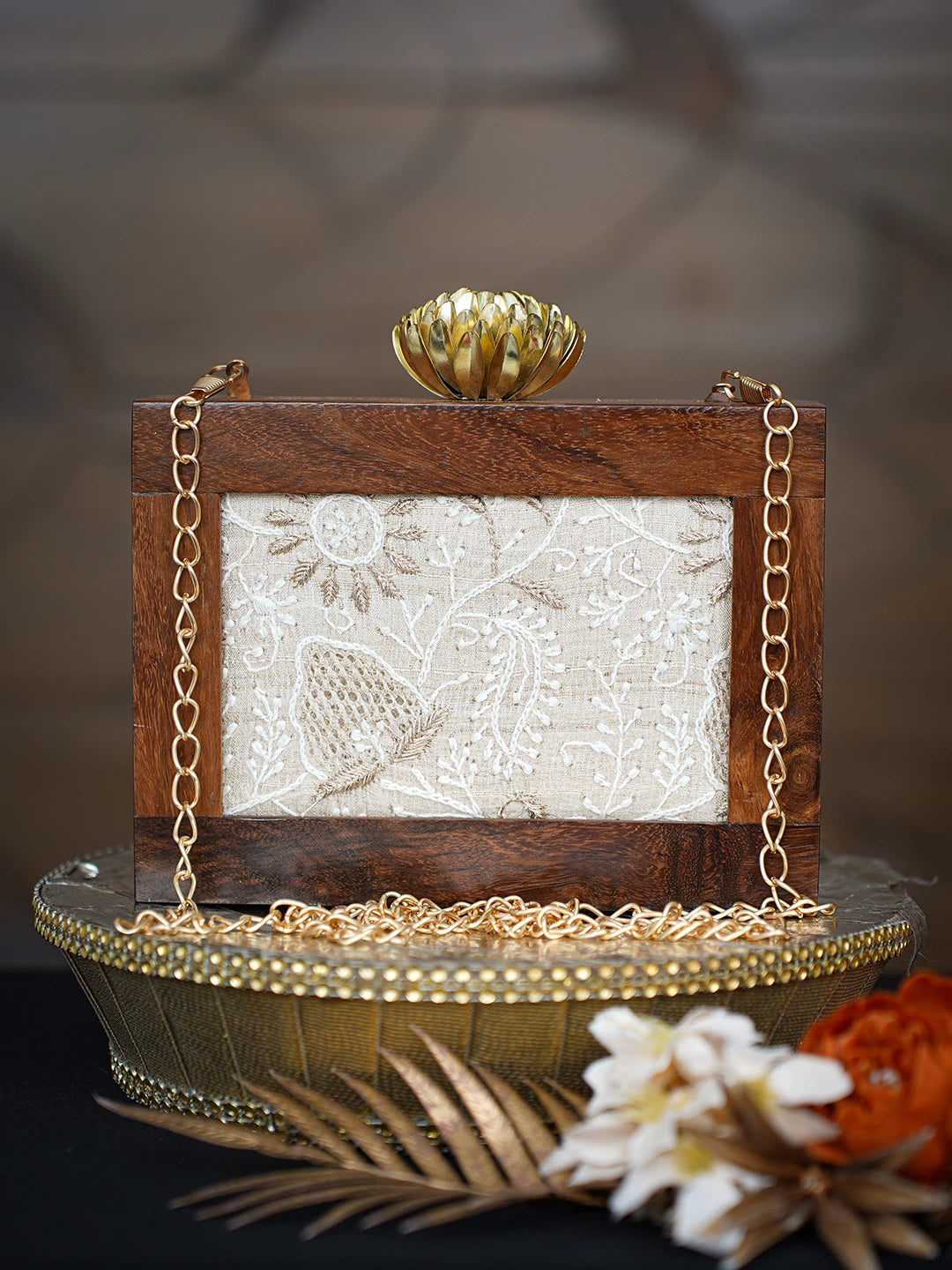 Ada Hand Embroidered Fawn Silk Lucknowi Chikankari Clutch With Golden Zari Work 01A779487