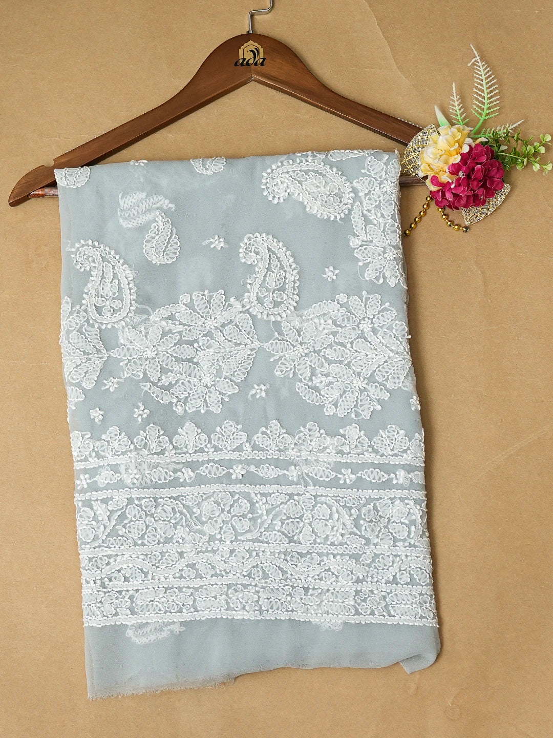 Ada Hand Embroidered Grey Georgette Lucknowi Chikankari Unstitched Kurta Piece 01A751324