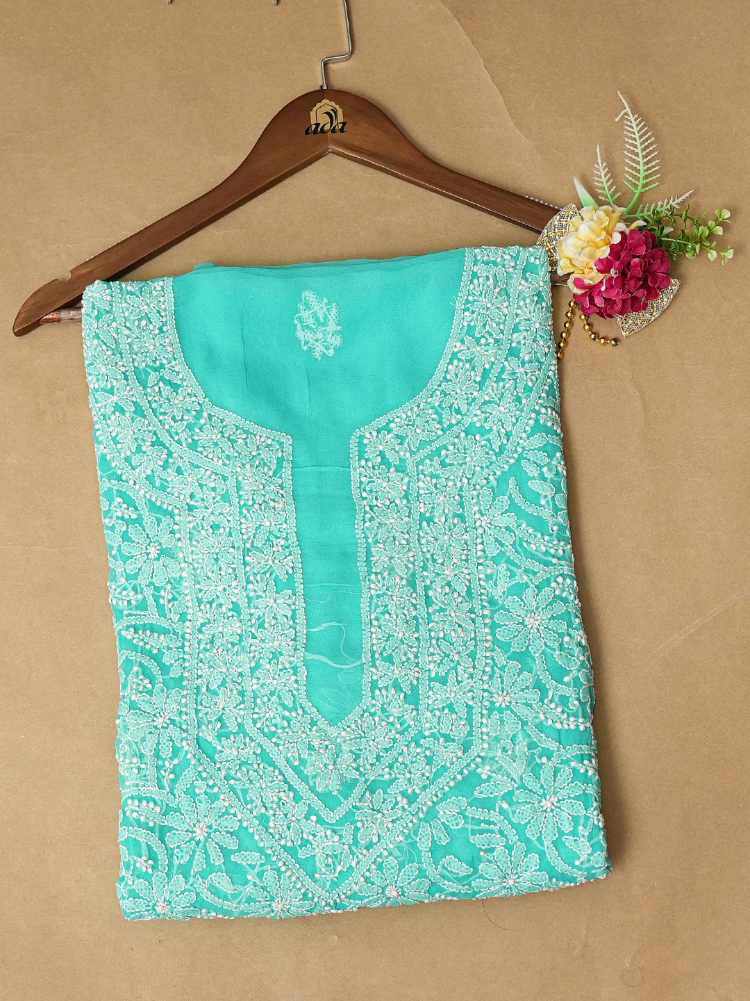 Ada Hand Embroidered Turquoise Blue Georgette Lucknowi Chikankari Unstitched Kurta Piece 01A779349