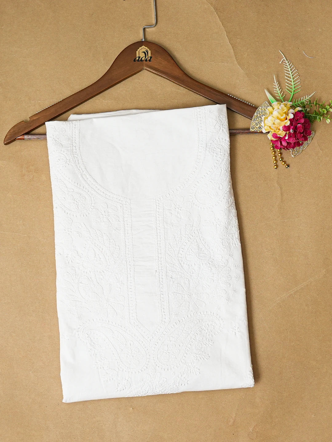 Ada Hand Embroidered White Cotton Lucknowi Chikankari Unstitched Kurta Piece 01A613512