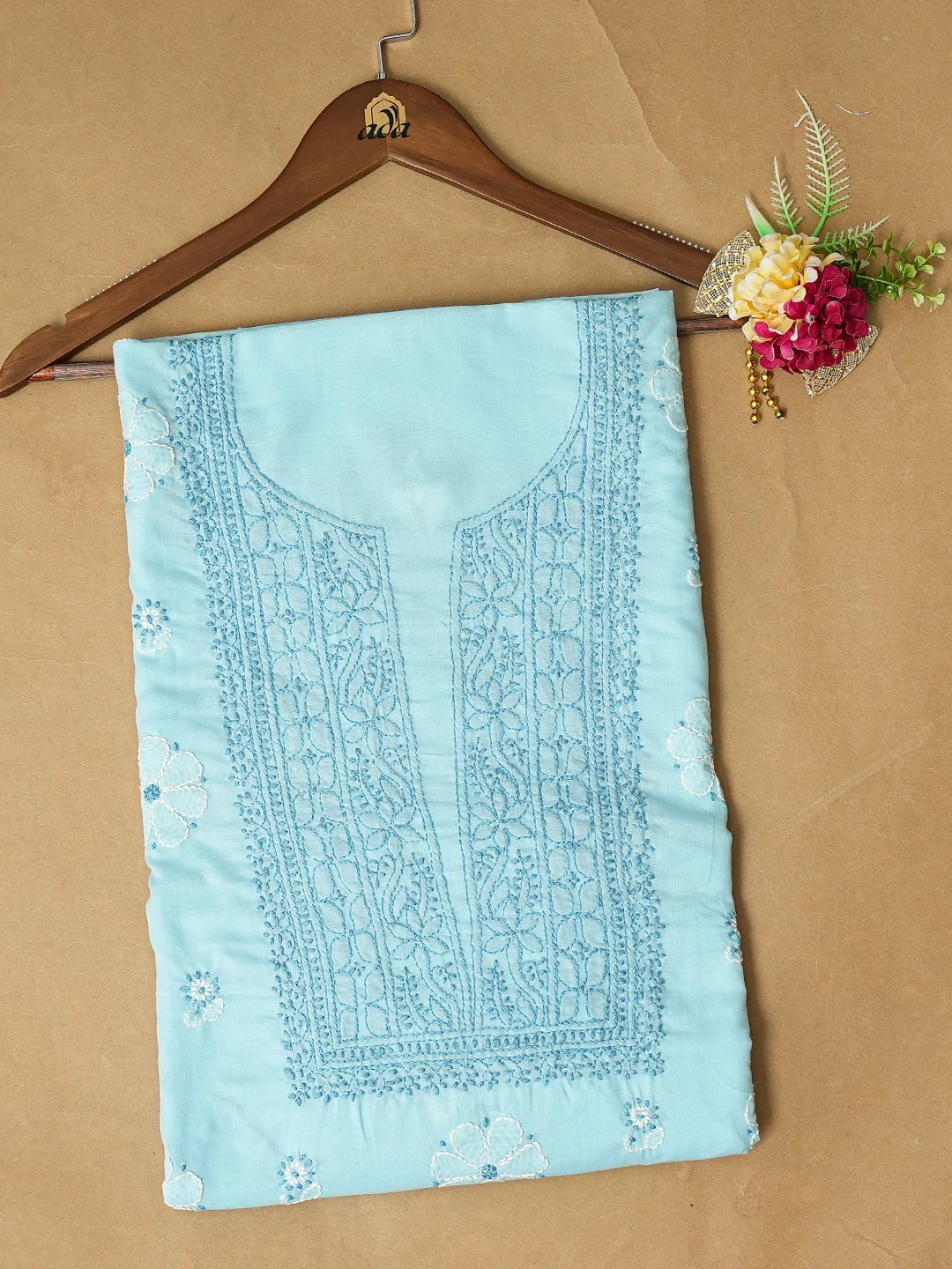 Ada Hand Embroidered Sky Blue Cotton Lucknowi Chikankari Unstitched Kurta Piece 01A735421