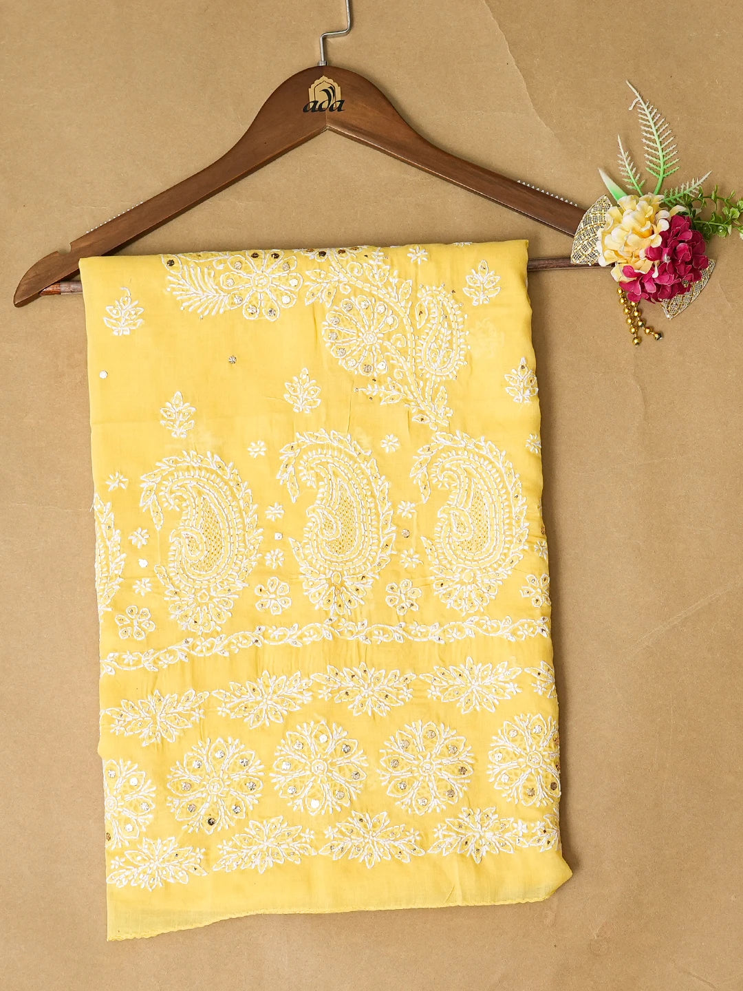 Ada Hand Embroidered Yellow Cotton Lucknowi Chikankari Unstitched Kurta Piece With Mukaish Work 01A712180