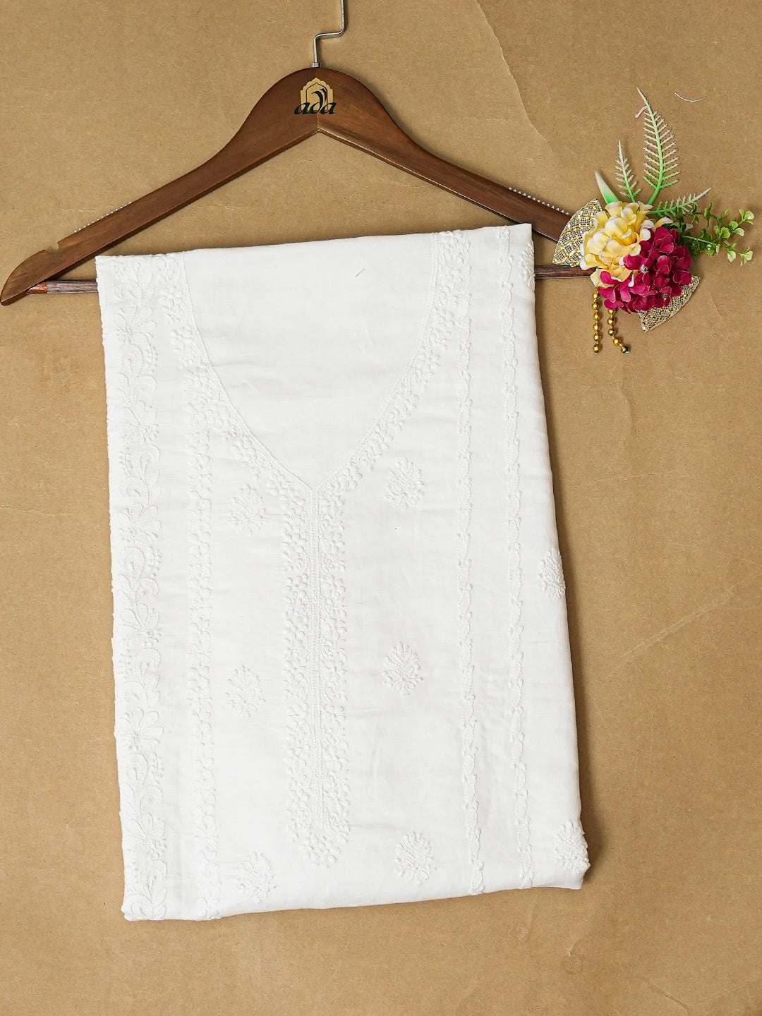 Ada Hand Embroidered White Cotton Lucknowi Chikankari Unstitched Kurta Piece A462291