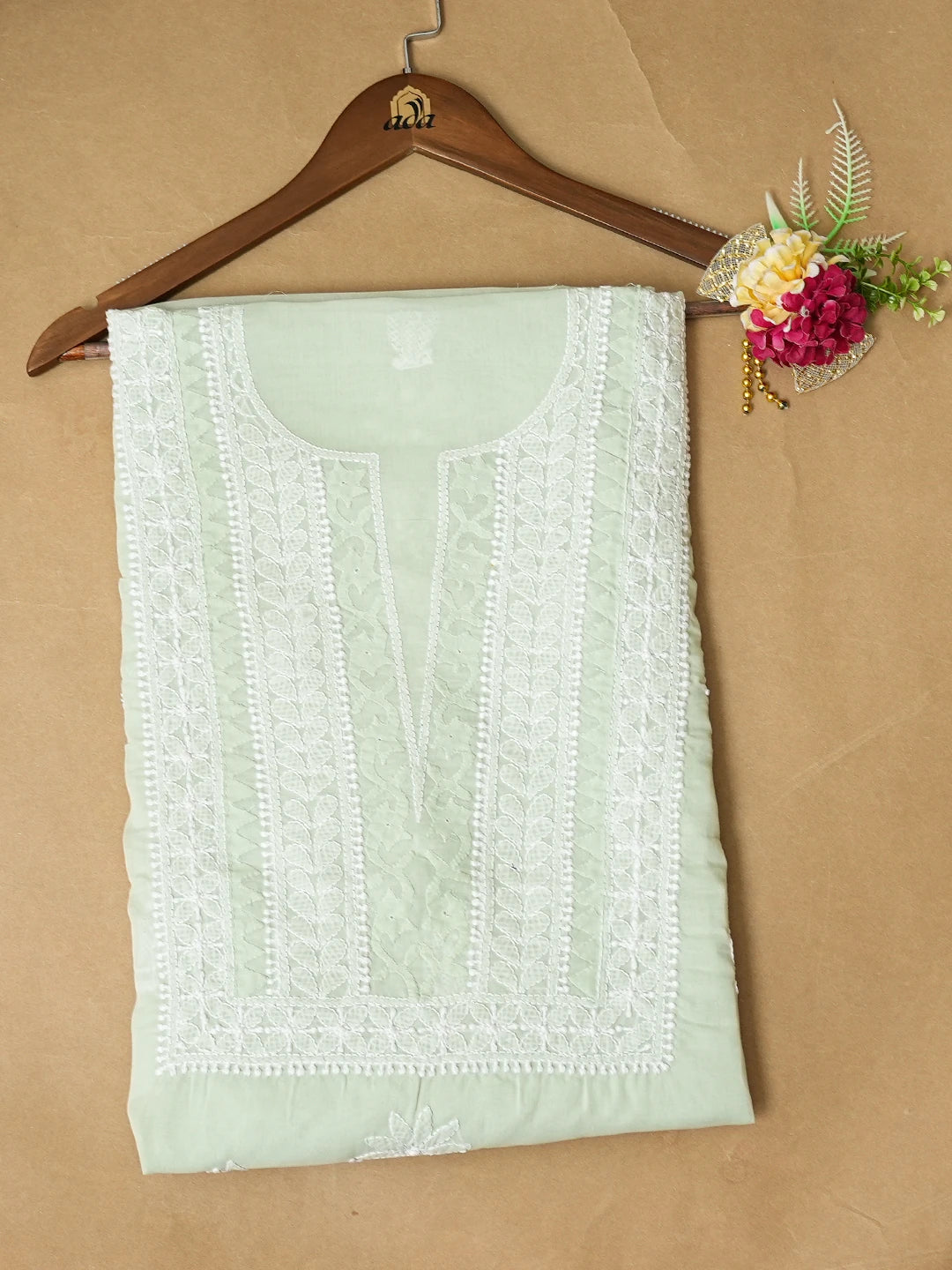 Ada Hand Embroidered Light Green Cotton Lucknowi Chikankari Unstitched Kurta Piece 01A772889