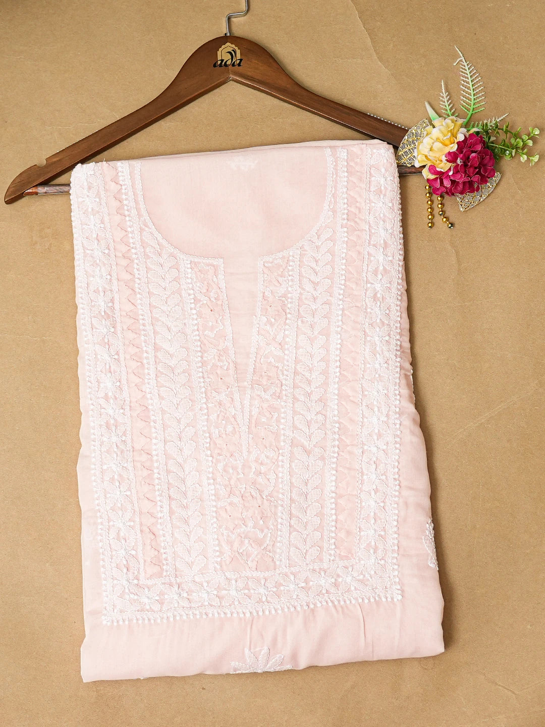 Ada Hand Embroidered Peach Cotton Lucknowi Chikankari Unstitched Kurta Piece 01A772850