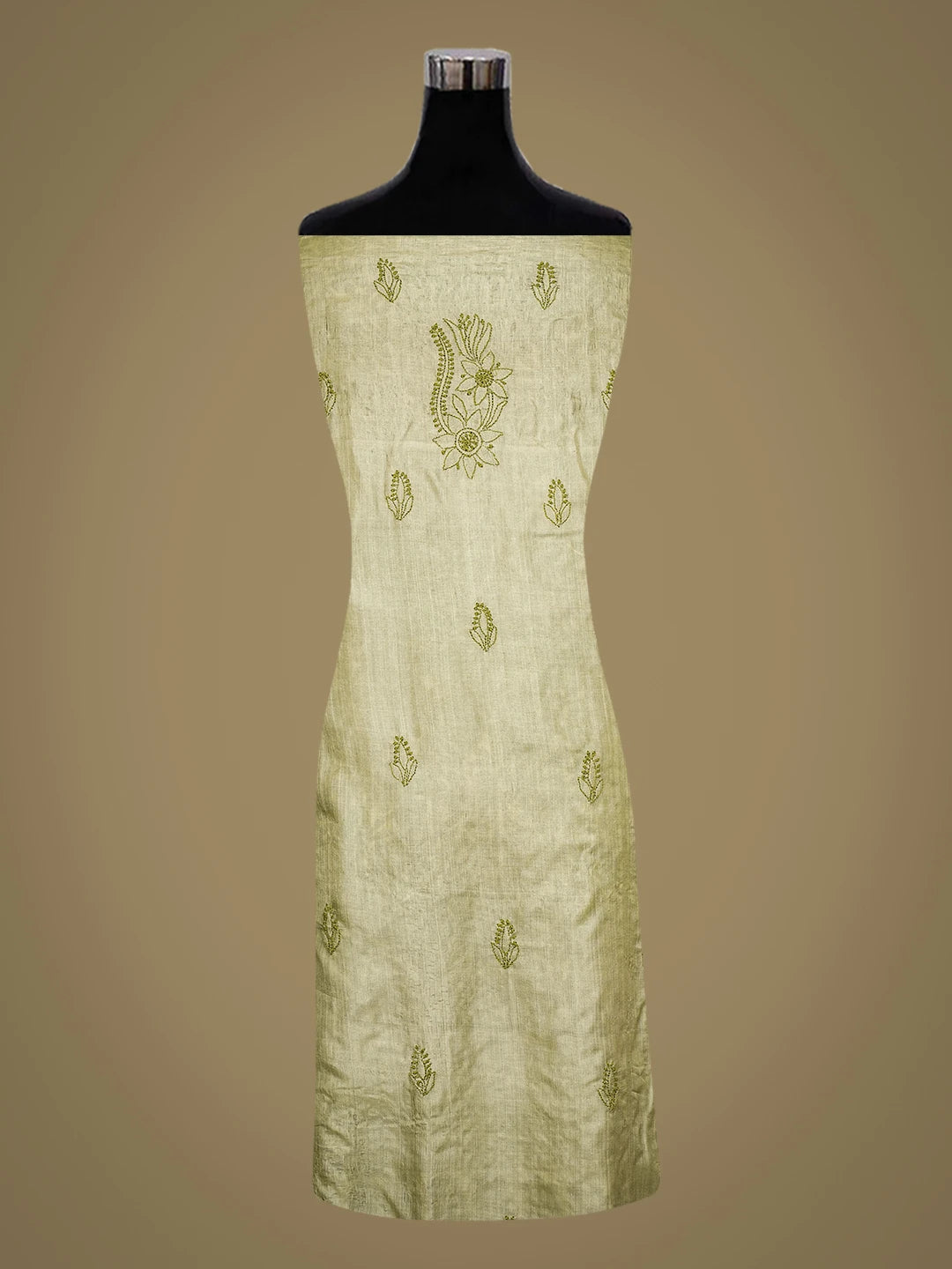 Ada Hand Embroidered Pista Green Tussar Silk Lucknowi Chikankari Unstitched Kurta Piece 01A769163