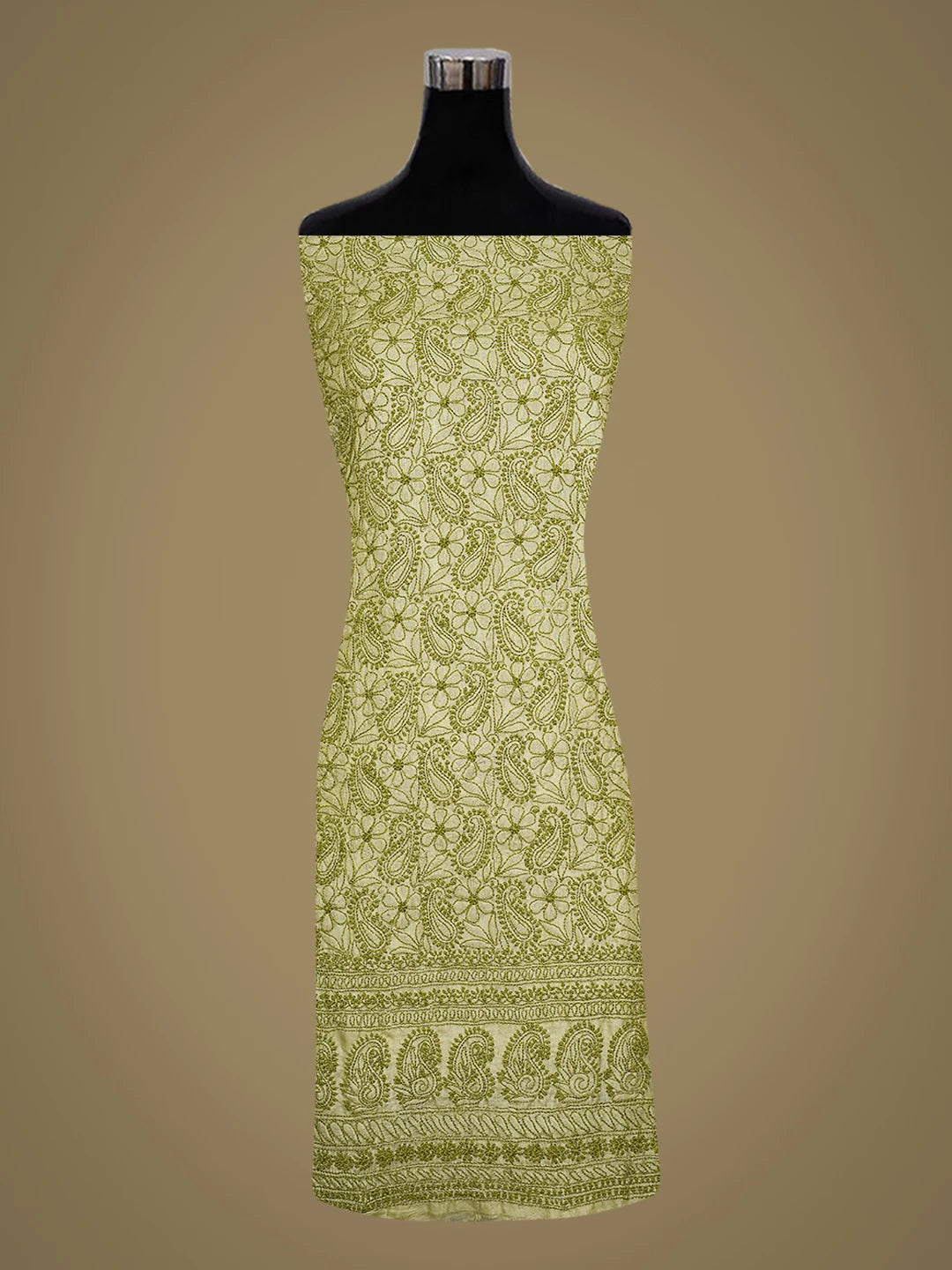 Ada Hand Embroidered Pista Green Tussar Silk Lucknowi Chikankari Unstitched Kurta Piece 01A769163