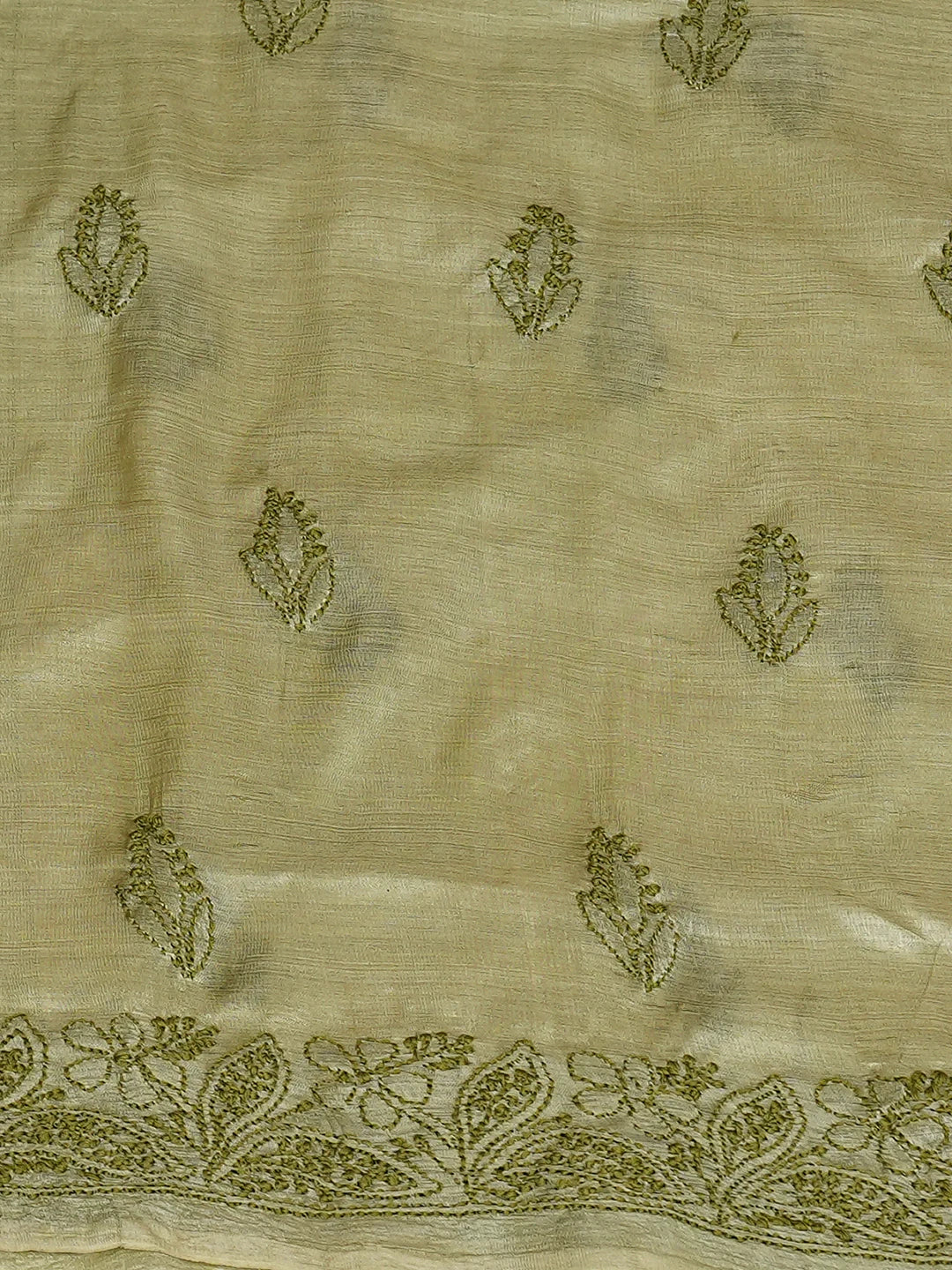 Ada Hand Embroidered Pista Green Tussar Silk Lucknowi Chikankari Unstitched Kurta Piece 01A769163
