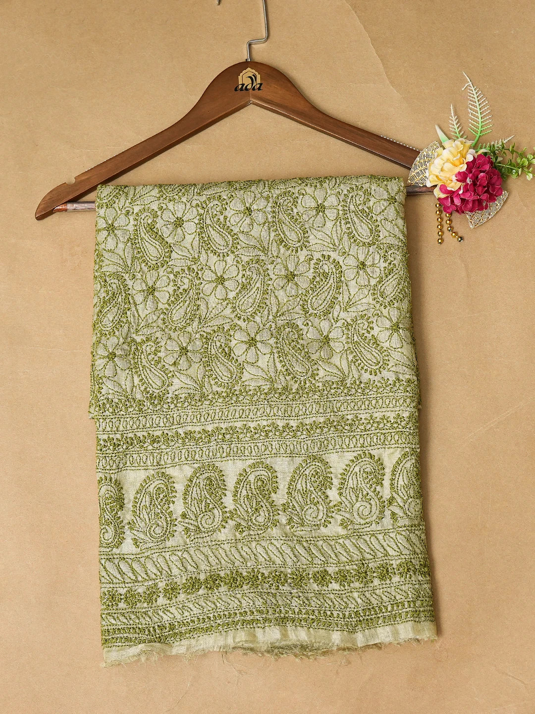 Ada Hand Embroidered Pista Green Tussar Silk Lucknowi Chikankari Unstitched Kurta Piece 01A769163