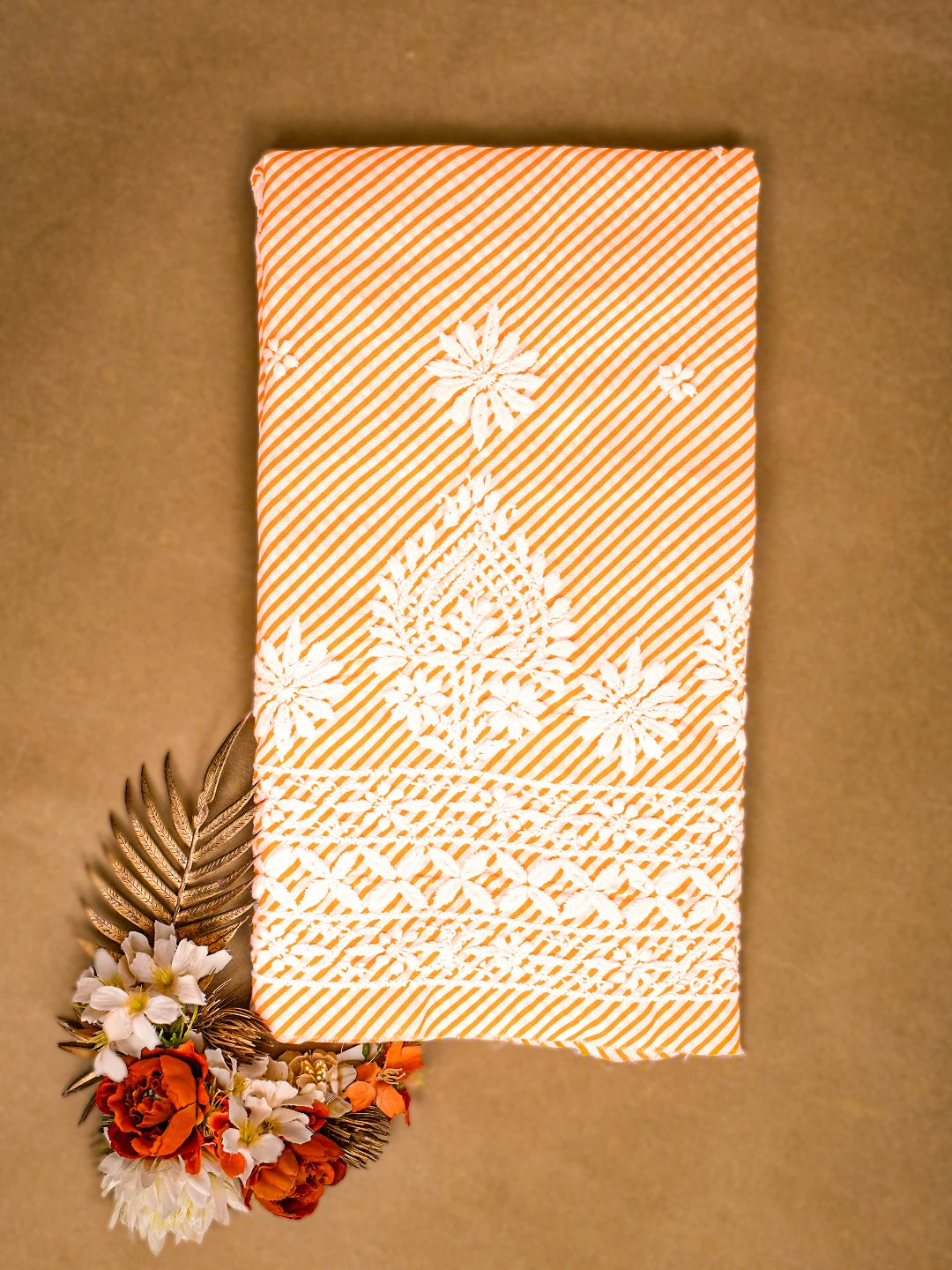 Ada Hand Embroidered White And Orange Cotton Lucknowi Chikankari Unstitched Kurta Piece 01A658510