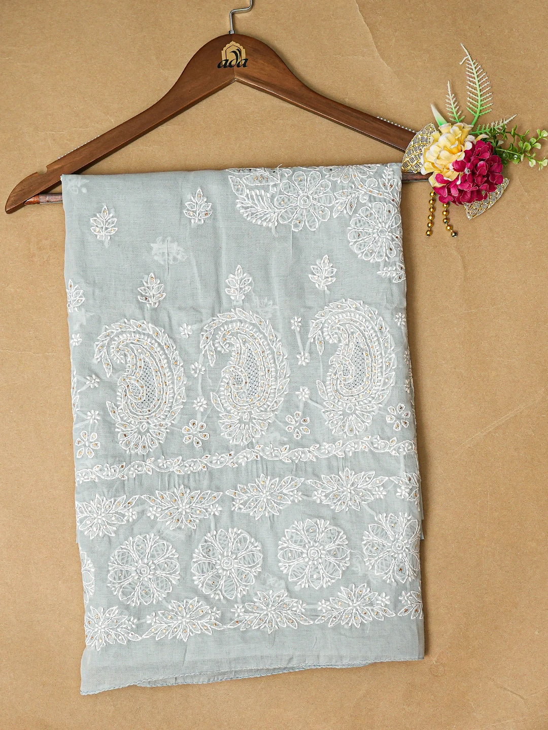 Ada Hand Embroidered Grey Cotton Lucknowi Chikankari Unstitched Kurta Piece With Mukaish Work 01A712191