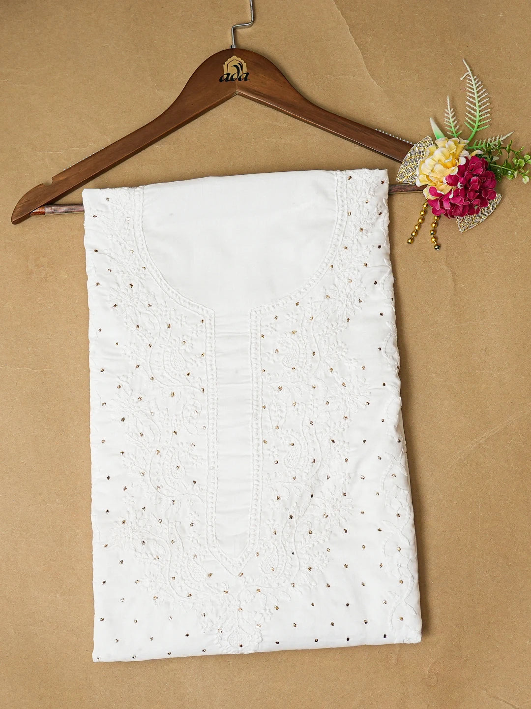 Ada Hand Embroidered White Cotton Lucknowi Chikankari Unstitched Kurta Piece With Mukaish Work A318840