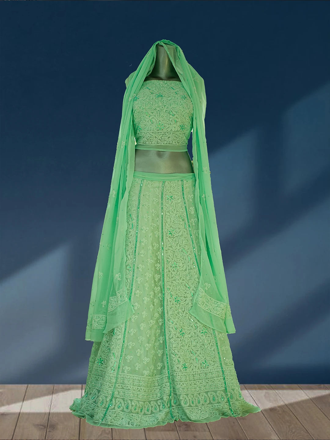 Ada Hand Embroidered Sea Green Georgette Lucknowi Chikankari Lehenga Set With Sequinned Work 01A559184