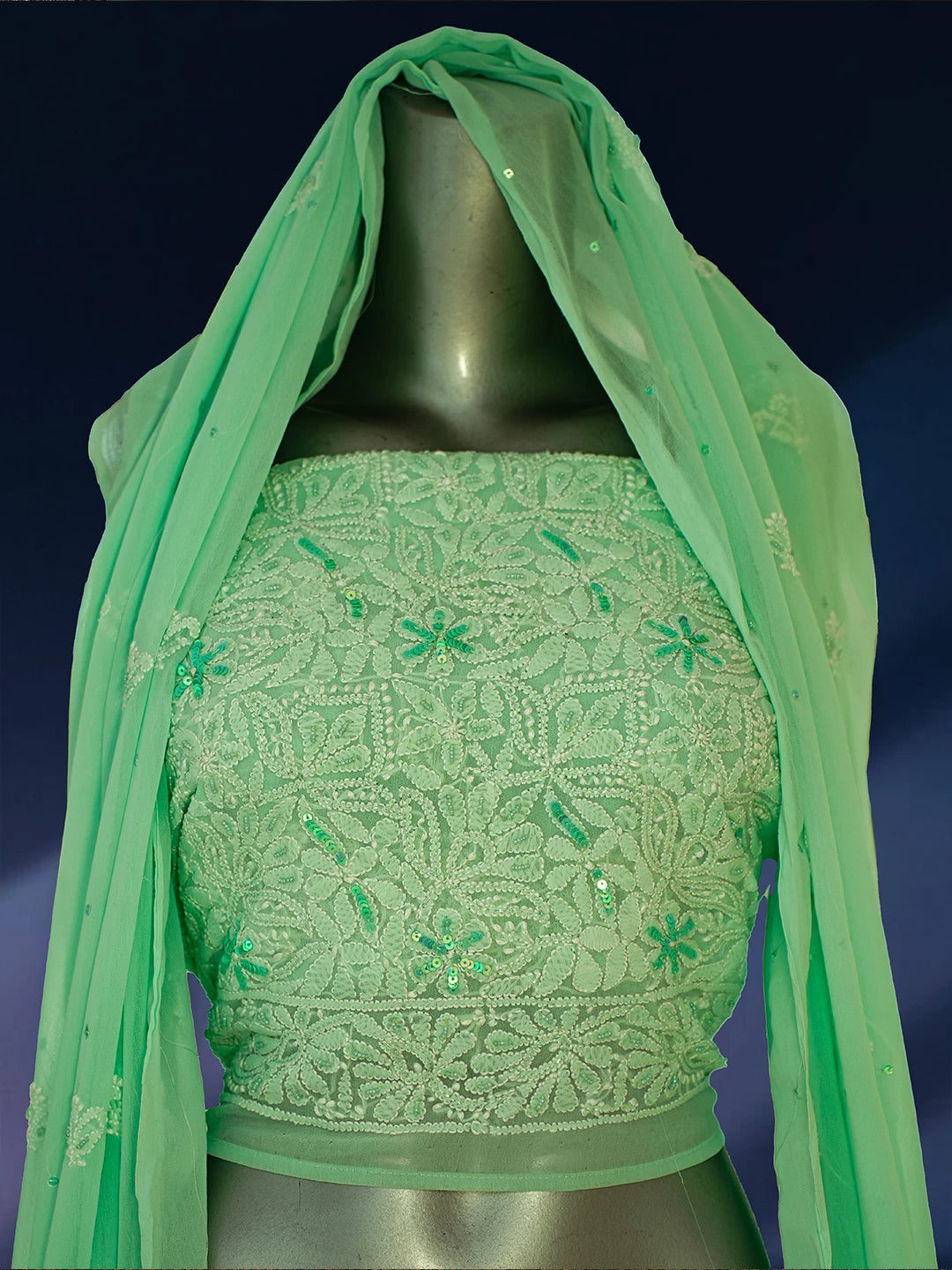 Ada Hand Embroidered Sea Green Georgette Lucknowi Chikankari Lehenga Set With Sequinned Work 01A559184