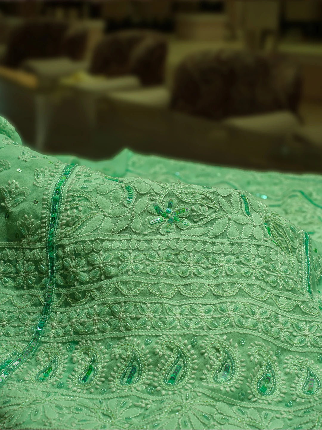 Ada Hand Embroidered Sea Green Georgette Lucknowi Chikankari Lehenga Set With Sequinned Work 01A559184