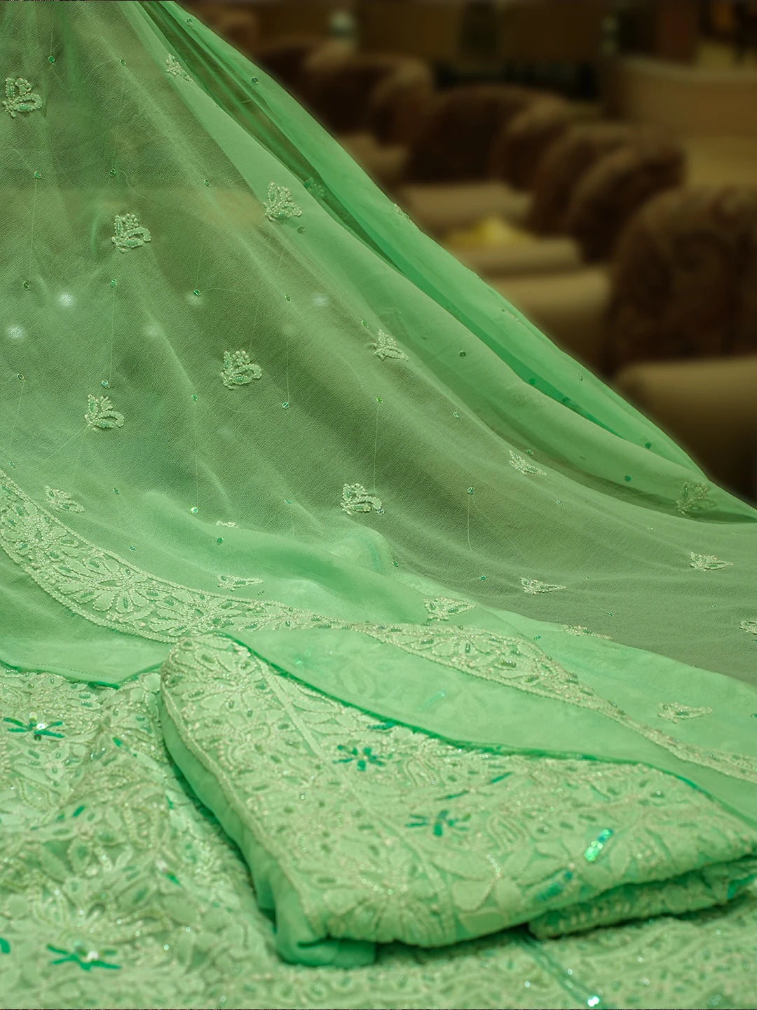 Ada Hand Embroidered Sea Green Georgette Lucknowi Chikankari Lehenga Set With Sequinned Work 01A559184