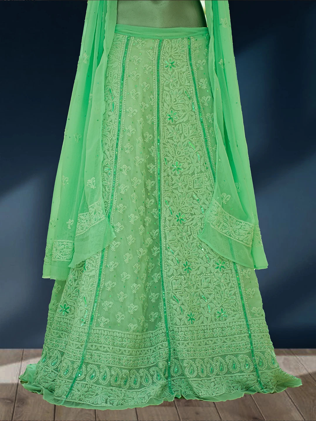 Ada Hand Embroidered Sea Green Georgette Lucknowi Chikankari Lehenga Set With Sequinned Work 01A559184