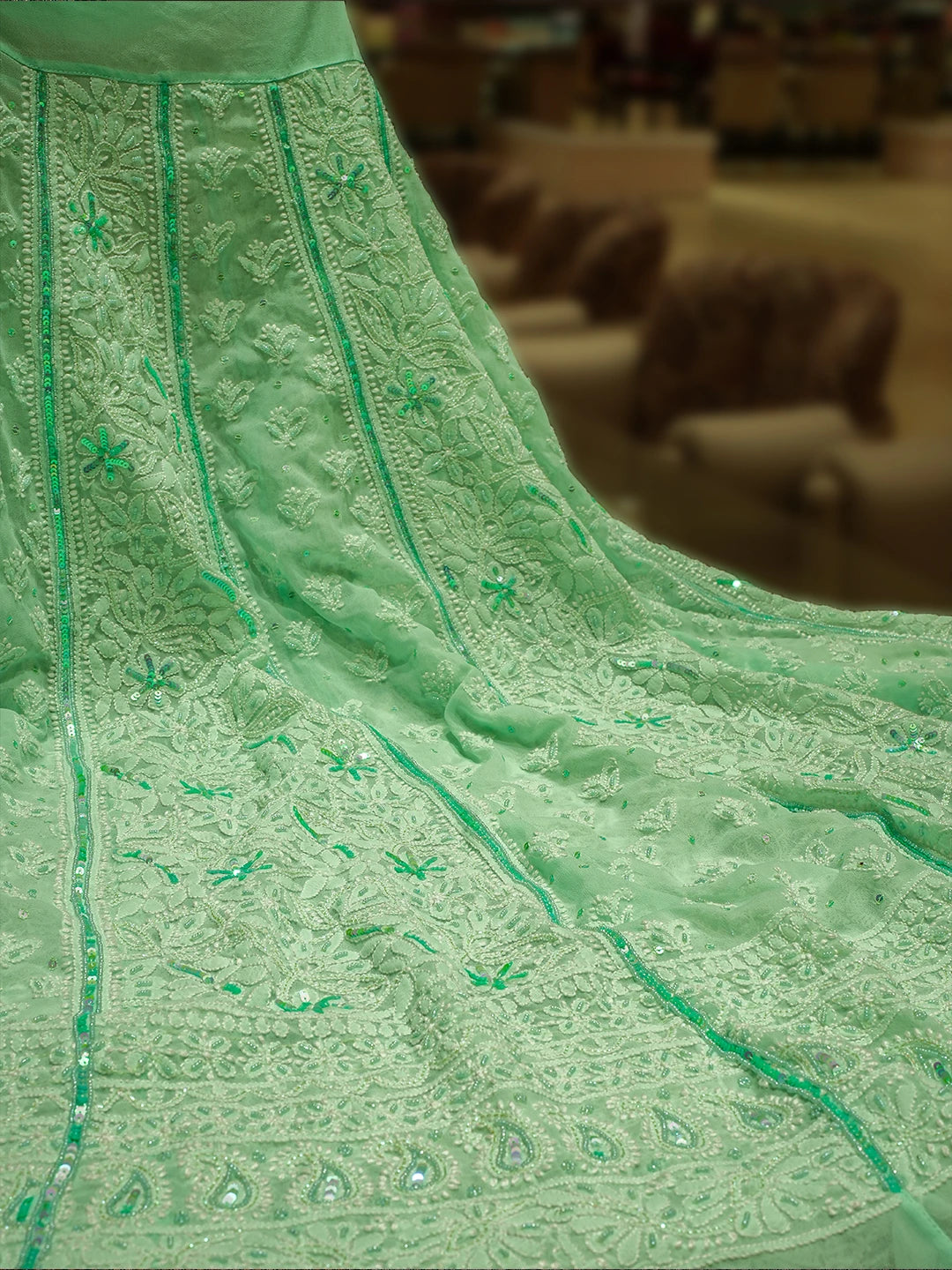 Ada Hand Embroidered Sea Green Georgette Lucknowi Chikankari Lehenga Set With Sequinned Work 01A559184