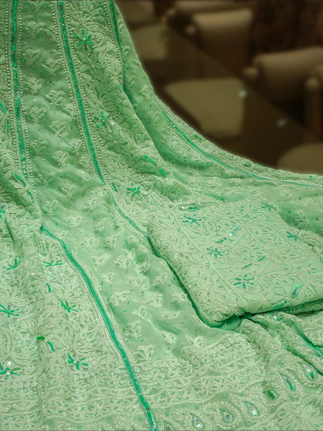 Ada Hand Embroidered Sea Green Georgette Lucknowi Chikankari Lehenga Set With Sequinned Work 01A559184