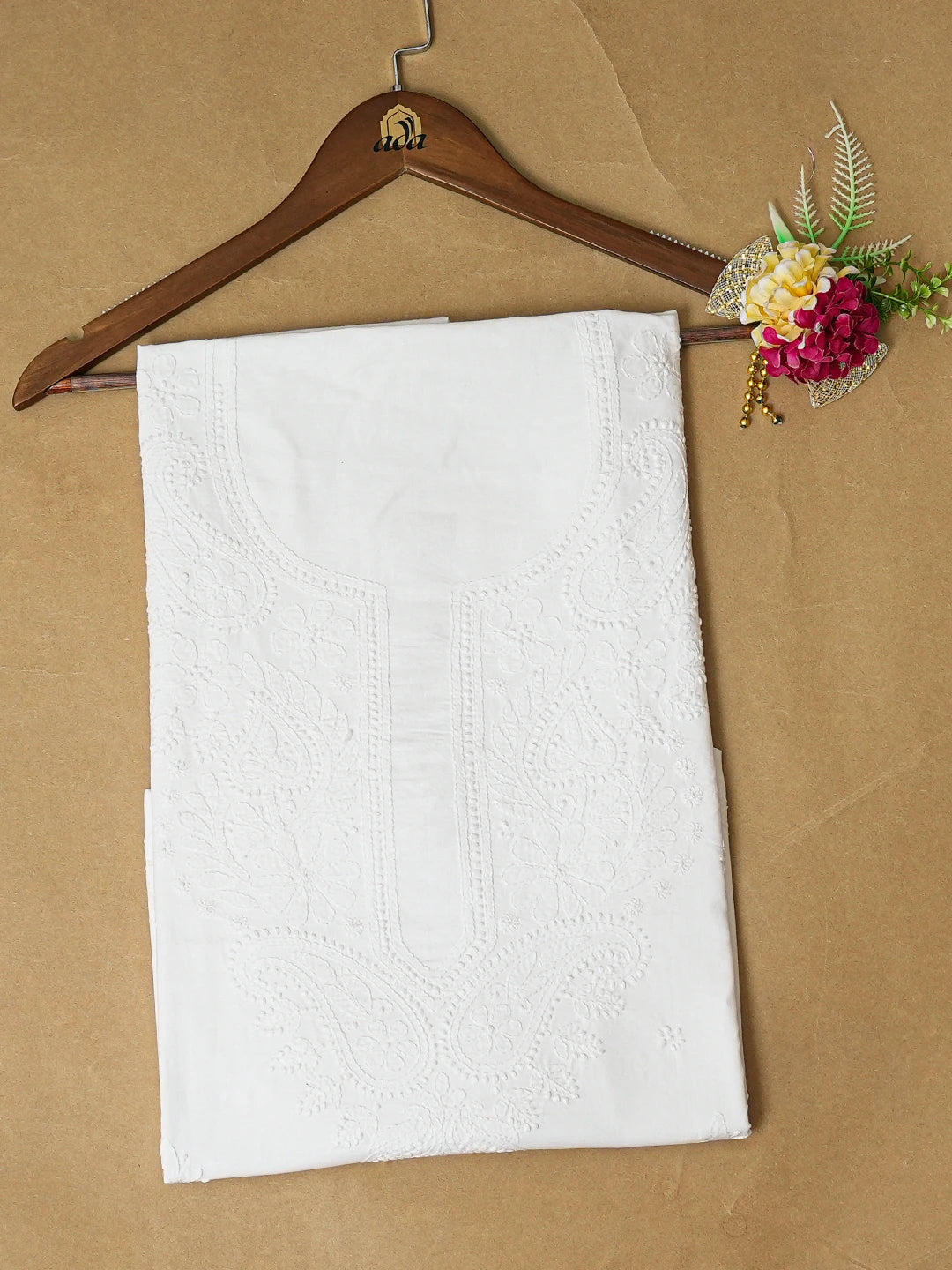 Ada Hand Embroidered White Cotton Lucknowi Chikankari Unstitched Kurta Piece 01A613505