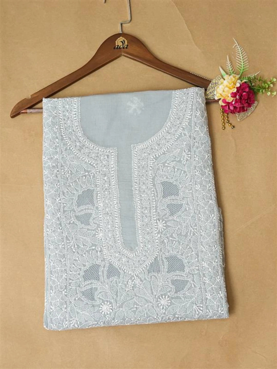 Ada Hand Embroidered Grey Cotton Lucknowi Chikankari Unstitched Kurta Piece 01A771863