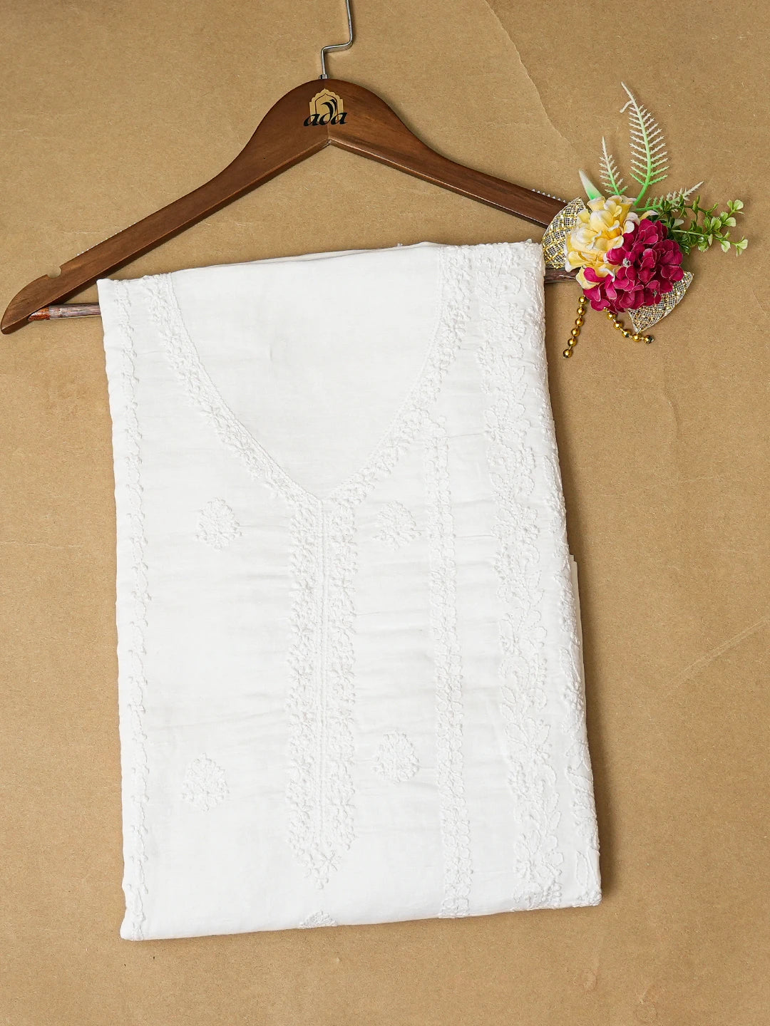 Ada Hand Embroidered White Linen Lucknowi Chikankari Unstitched Kurta Piece A278131