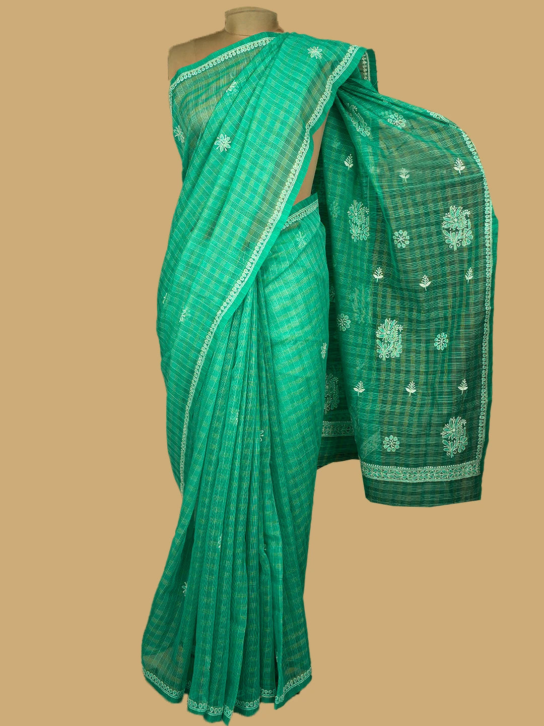 Ada Hand Embroidered Green Super Net Lucknowi Chikankari Saree and Blouse 01A775604