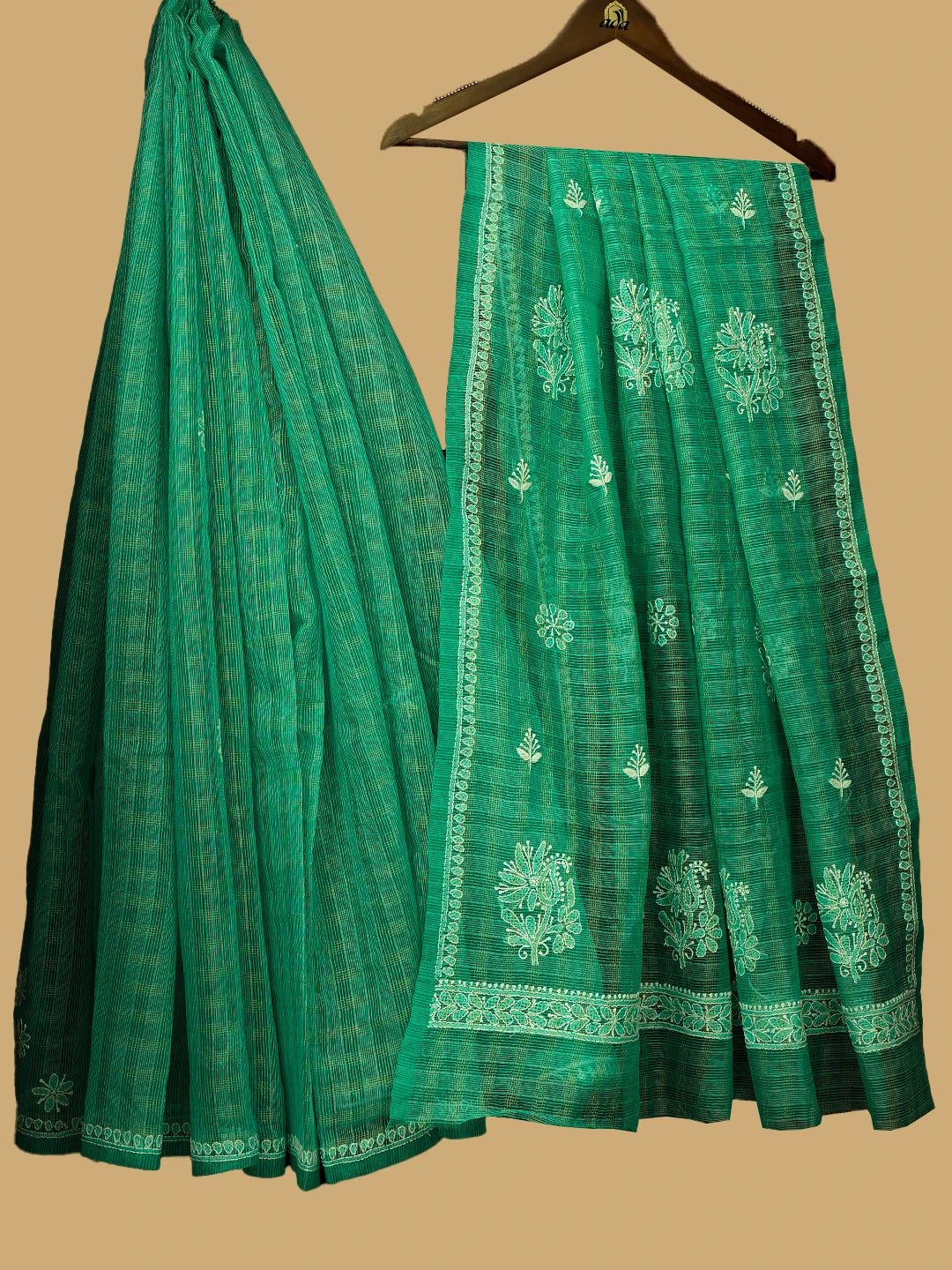 Ada Hand Embroidered Green Super Net Lucknowi Chikankari Saree and Blouse 01A775604