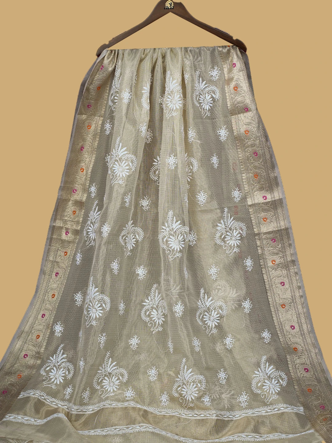 Ada Hand Embroidered Fawn Tissue Lucknowi Chikankari Saree and Blouse 01A774082