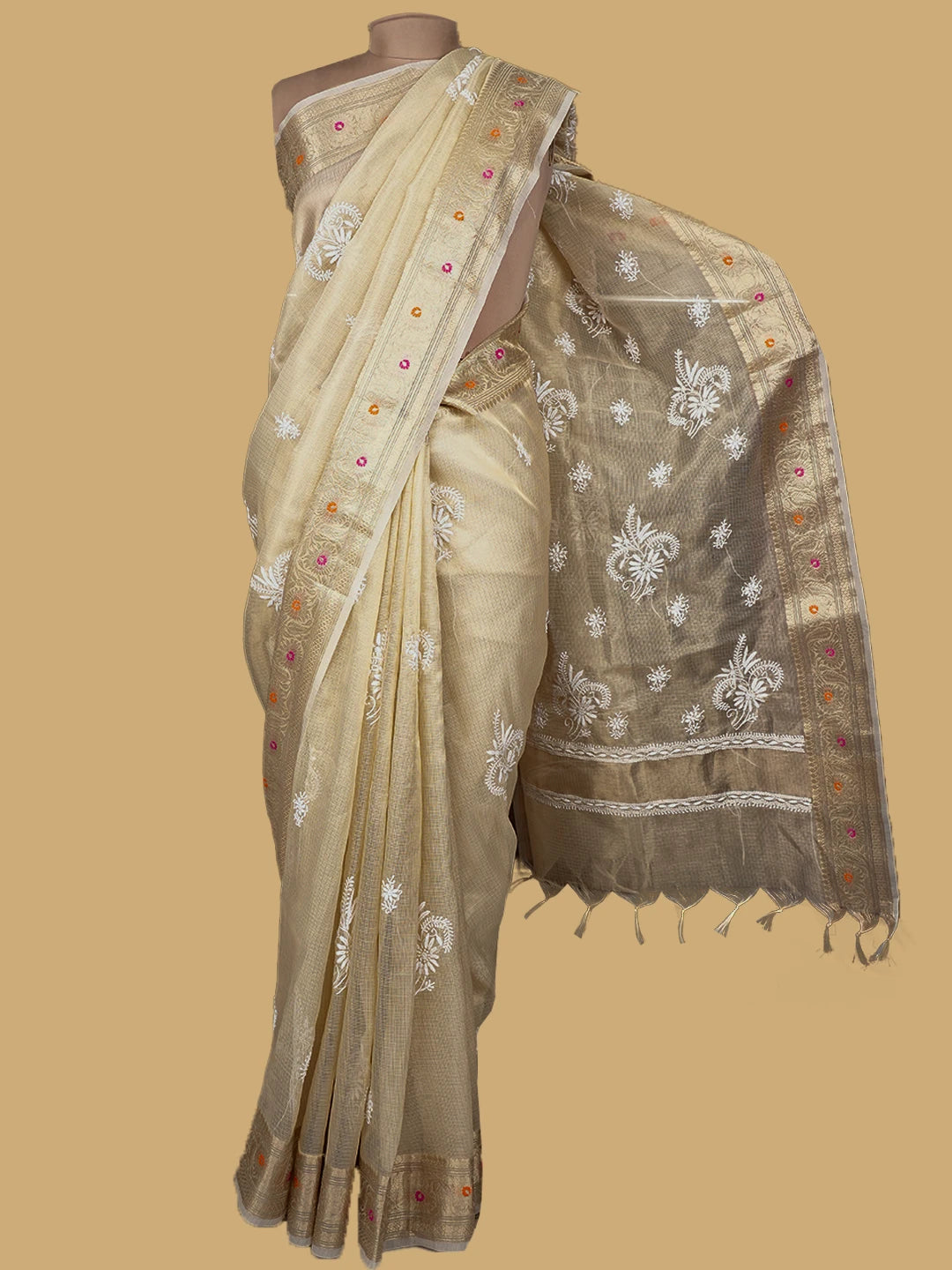 Ada Hand Embroidered Fawn Tissue Lucknowi Chikankari Saree and Blouse 01A774082