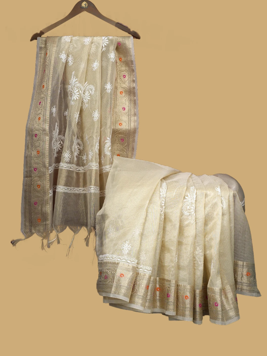 Ada Hand Embroidered Fawn Tissue Lucknowi Chikankari Saree and Blouse 01A774082
