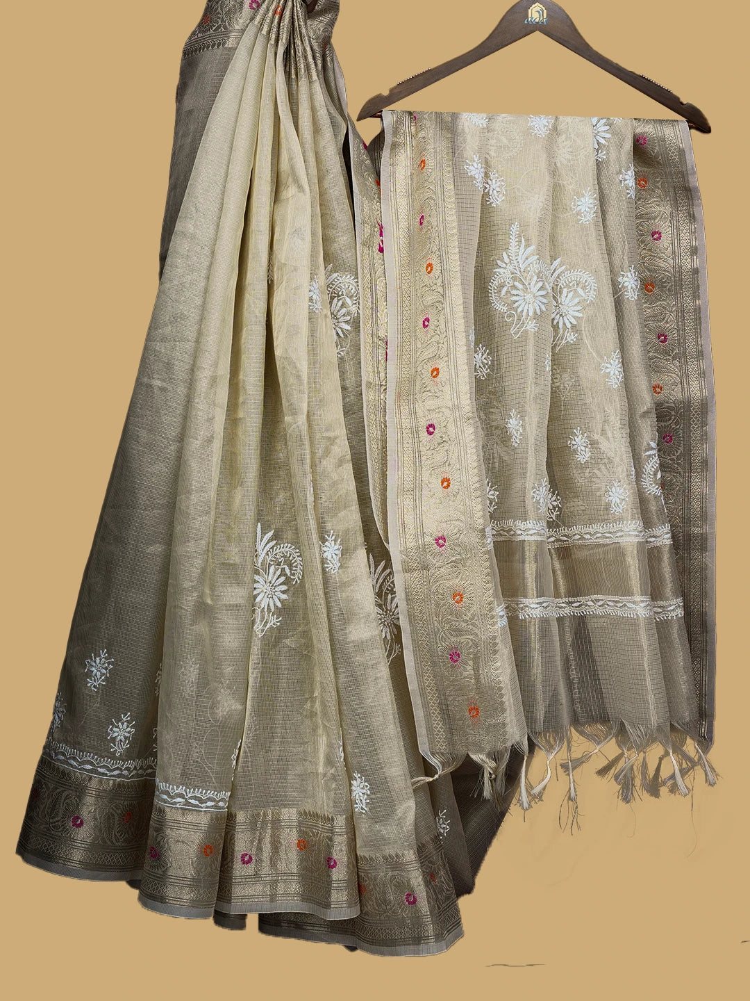 Ada Hand Embroidered Fawn Tissue Lucknowi Chikankari Saree and Blouse 01A774082