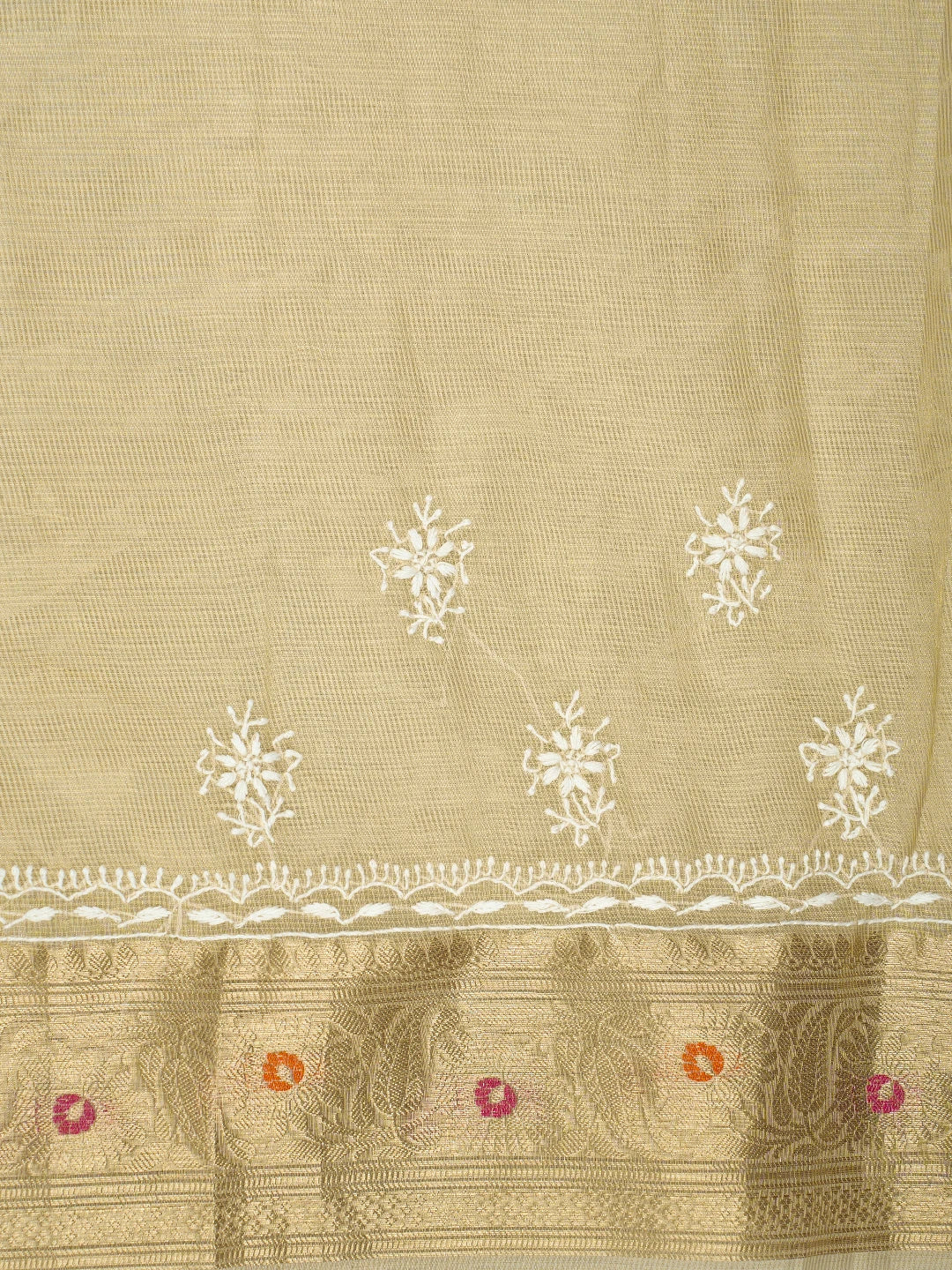 Ada Hand Embroidered Fawn Tissue Lucknowi Chikankari Saree and Blouse 01A774082