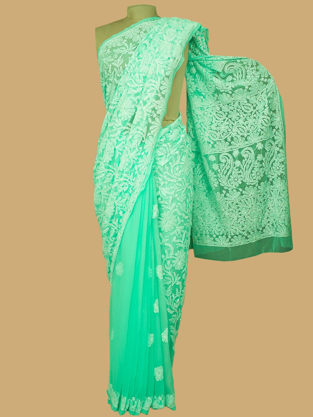 Ada Hand Embroidered Sea Green Georgette Lucknowi Chikankari Saree and Blouse 01A756732