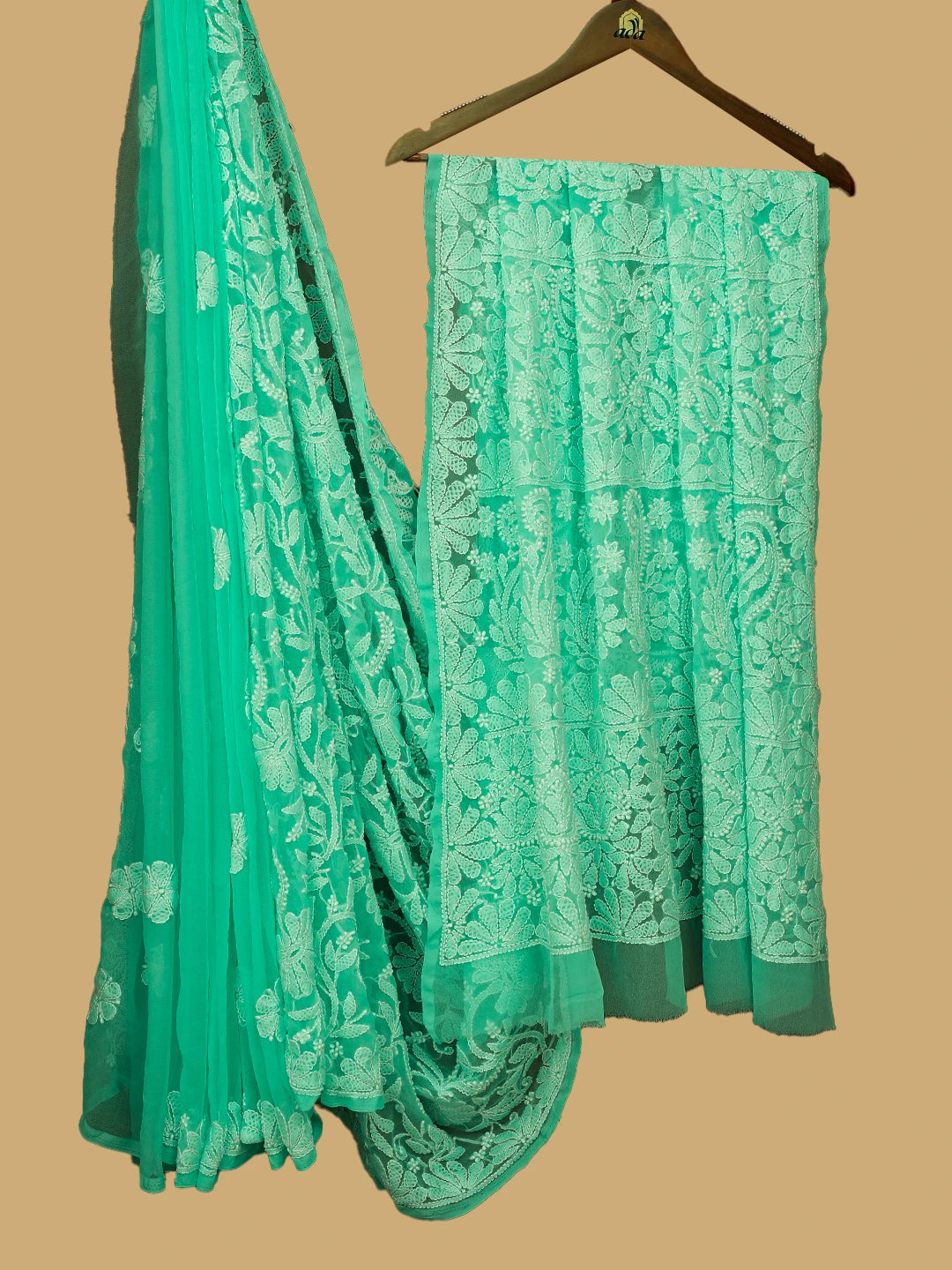 Ada Hand Embroidered Sea Green Georgette Lucknowi Chikankari Saree and Blouse 01A756732