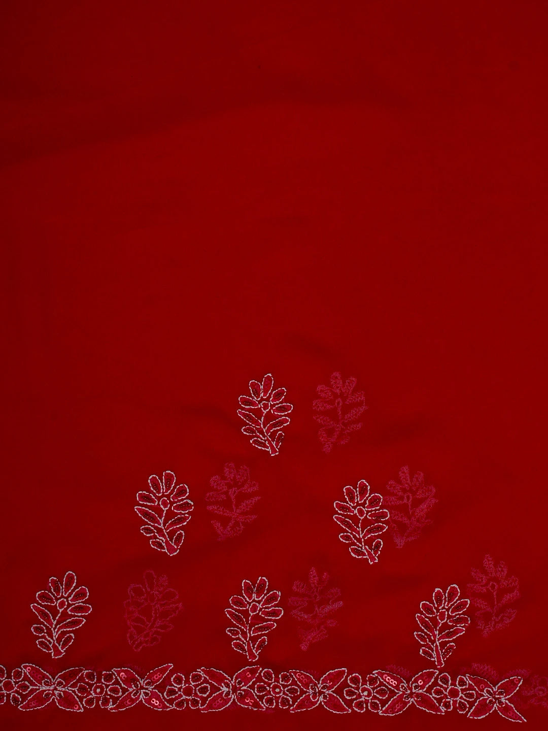 Ada Hand Embroidered Red Georgette Lucknowi Chikankari Saree and Blouse with Pearl Work A424050