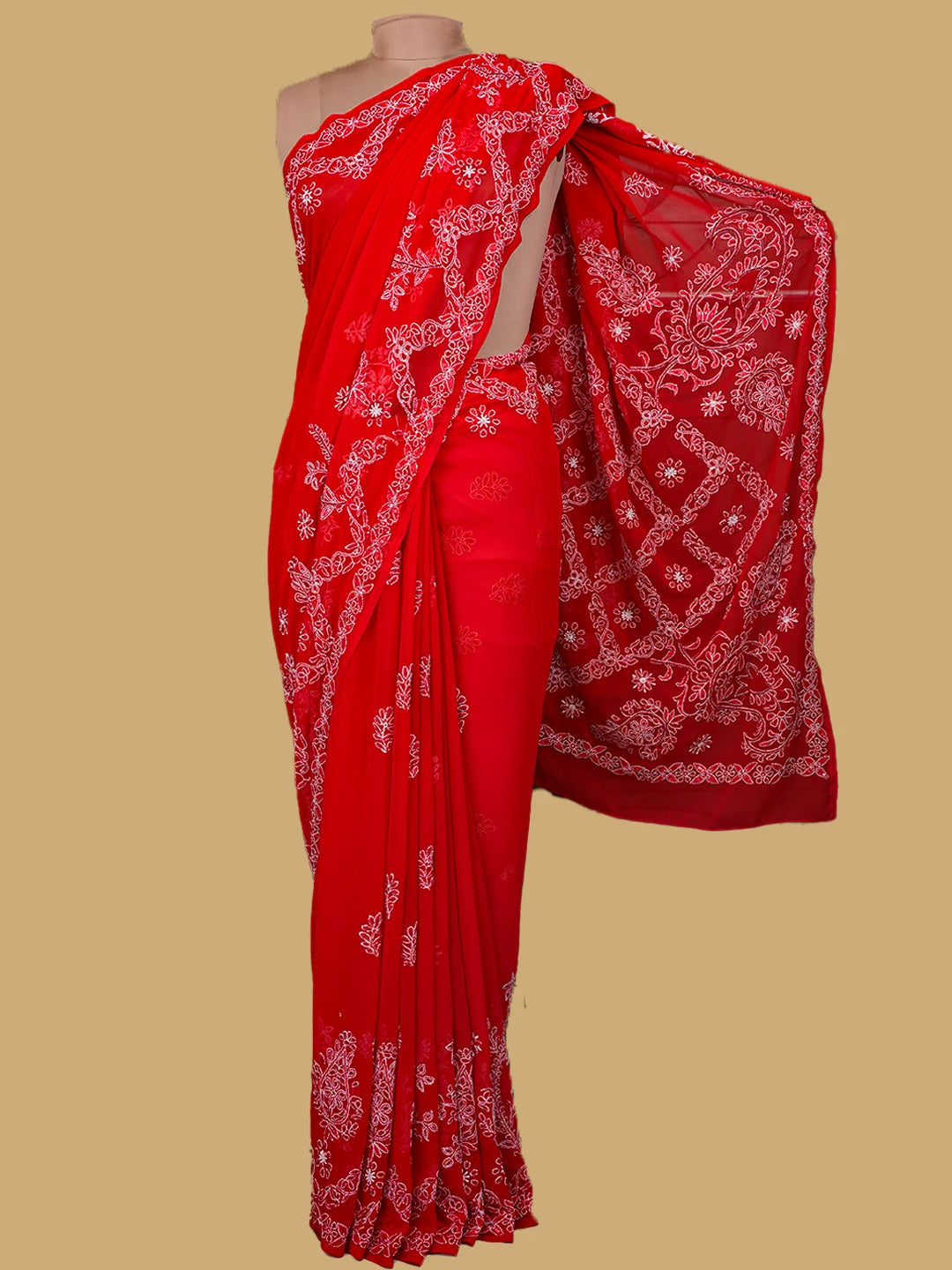 Ada Hand Embroidered Red Georgette Lucknowi Chikankari Saree and Blouse with Pearl Work A424050
