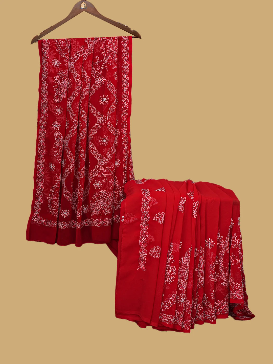 Ada Hand Embroidered Red Georgette Lucknowi Chikankari Saree and Blouse with Pearl Work A424050