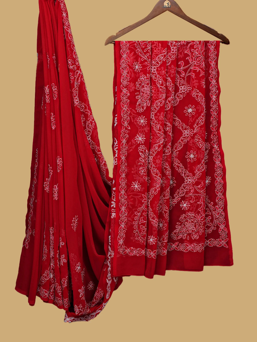 Ada Hand Embroidered Red Georgette Lucknowi Chikankari Saree and Blouse with Pearl Work A424050